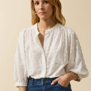 Blouse coton brodée fleurs 3D femme