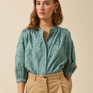 Blouse coton brodée fleurs 3D femme