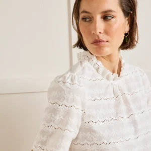 Top broderie anglaise col volanté femme
