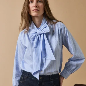 Chemise popeline rayée col lavallière femme