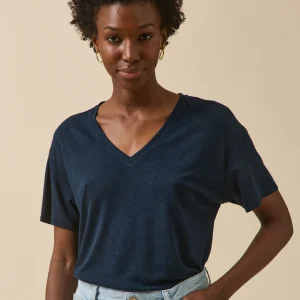 T-shirt col V femme lin et viscose