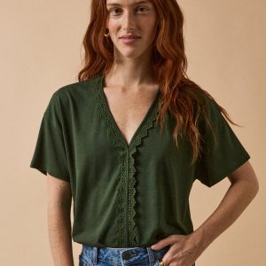T-shirt col V dentelle femme lyocell et coton