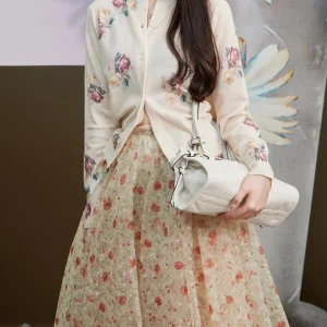 Cardigan Floral Coréen en Laine