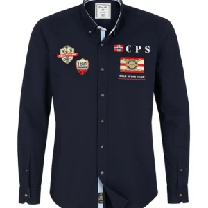 Chemise sport chic bleu marine brodée écussons