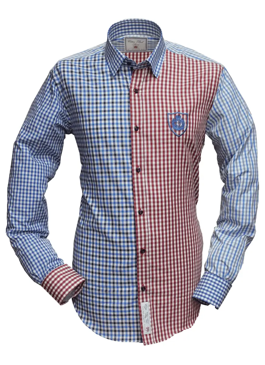Chemise sport chic patchwork rouge et bleu