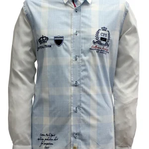 Chemise sport chic carreaux bleu ciel brodée