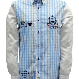 Chemise sport chic vichy bleu ciel brodée