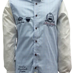 Chemise sport chic petits carreaux bleu ciel brodée