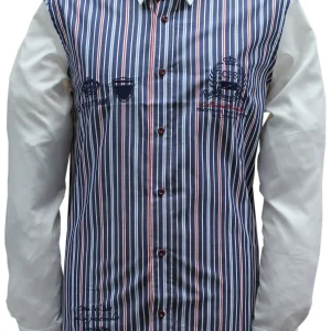 Chemise sport chic rayures rouge et bleu ciel brodée