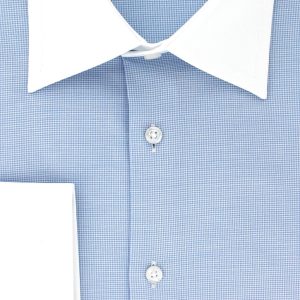 Chemise pied-de-poule bleu ciel col et poignets mousquetaires blancs