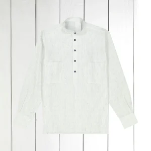 chemise col mao en lin naturel à rayures marine