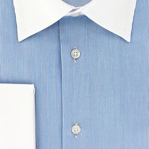 Chemise fines rayures bleu ciel col et poignets mousquetaires blanc