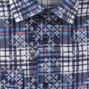 Chemise bleu imprimé fleurs col italien