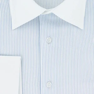 Chemise à fines rayures bleu ciel col et poignets mousquetaires blancs