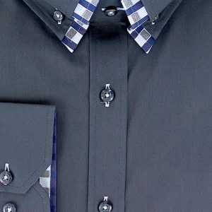 Chemise double col bleu marine à opposition carreaux bleu ciel