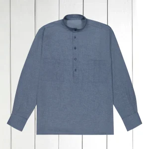 chemise à col mao en coton façon denim gris bleu