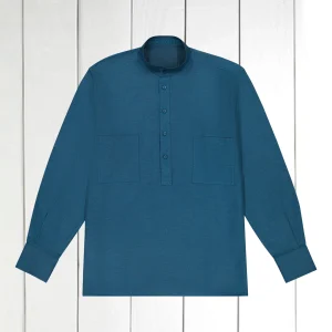 chemise col mao en coton brossé bleu pétrole