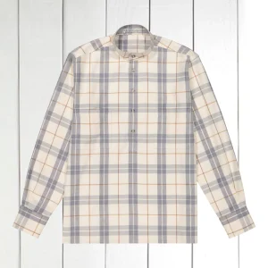 chemise col mao en coton et clycell à carreaux gris