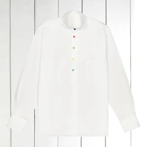 chemise à col mao en toile de coton blanc à boutons multicolores