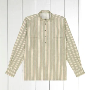 chemise col mao en toile de lin et coton kaki à doubles rayures