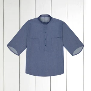 chemise Deauville manches courtes à col mao en coton à rayures indigo