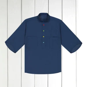 chemise Deauville manches courtes à col mao en toile de coton marine à boutons multicolores