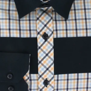 Chemise sport chic bleu marine à mini carreaux moutarde et ciel