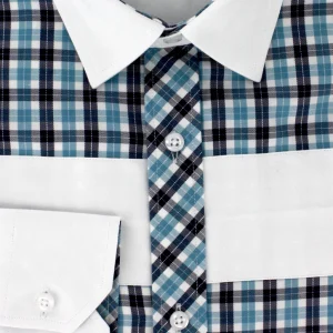 Chemise sport chic blanche à carreaux turquoise