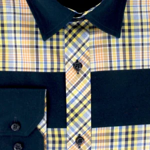 Chemise sport chic bleu marine à carreaux orange