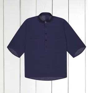 chemise Deauville manches courtes à col mao en coton marine à effet seersucker