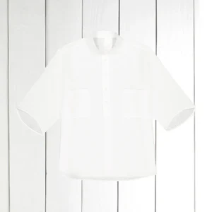 chemise Deauville manches courtes à col mao en crêpe de lin et coton blanc