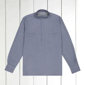 chemise col mao en coton bleuté à rayures grises