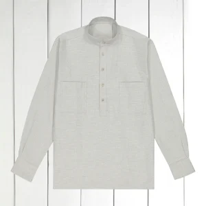 chemise col mao en coton brossé gris pâle