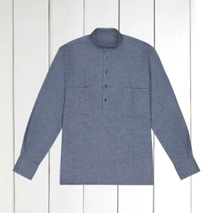 chemise col mao en toile de coton chiné bleu