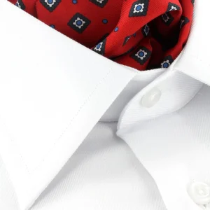 Foulard ascot homme en soie rouge à motif géométrique marine et blanc