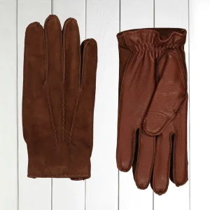 gants bicolores en cuir de cerf et daim cachou doublure cachemire