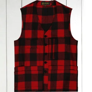 gilet 20 poches en drap de laine à carreaux rouge et noir