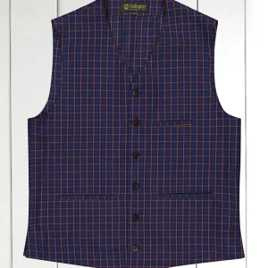 gilet à poches passepoilées en toile de coton et lin carreaux orange