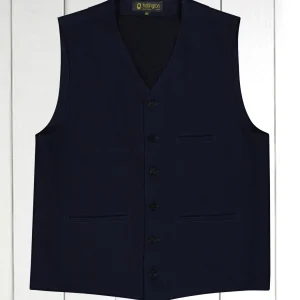 gilet à poches passepoilées en denim de laine bleu nuit