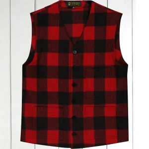 gilet à poches plaquées en drap de laine à carreaux rouge et noire