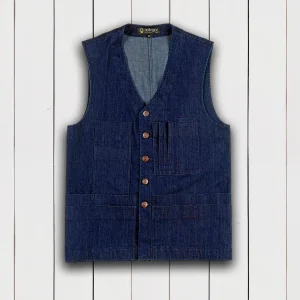 gilet 20 poches en denim indigo extensible bleu