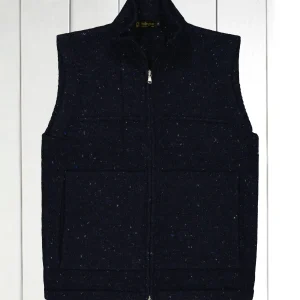 gilet zippé à col officier en laine et cachemire bleu profond moucheté Inis Meáin