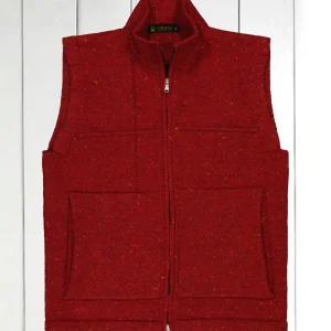 gilet zippé à col officier en laine et cachemire rouge moucheté Inis Meáin