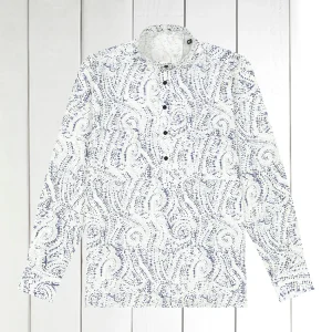 chemise col mao en lin blanc imprimé dessin bleu