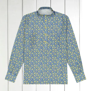 chemise col mao en toile pur lin bleu imprimé fleurs jaune