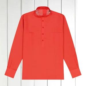 chemise col mao en toile pur lin rouge cramoisi