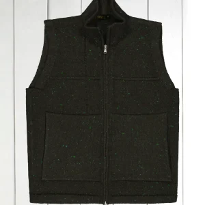 gilet zippé à col officier en laine et cachemire vert moucheté Inis Meáin