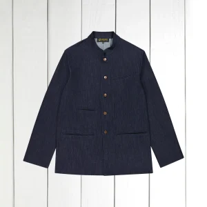 veste architecte à col nehru en denim extensible sanforisé indigo